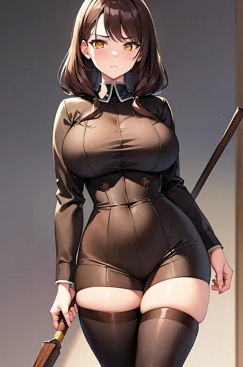 Woman, school room background, beautiful background, teacher, brown hair, tied back, yellow eyes, very detailed eyes, black suit, black long pants Very large breasts, very large thighs, no smile, serious face, holding a stick, zooming in close, looking at ...