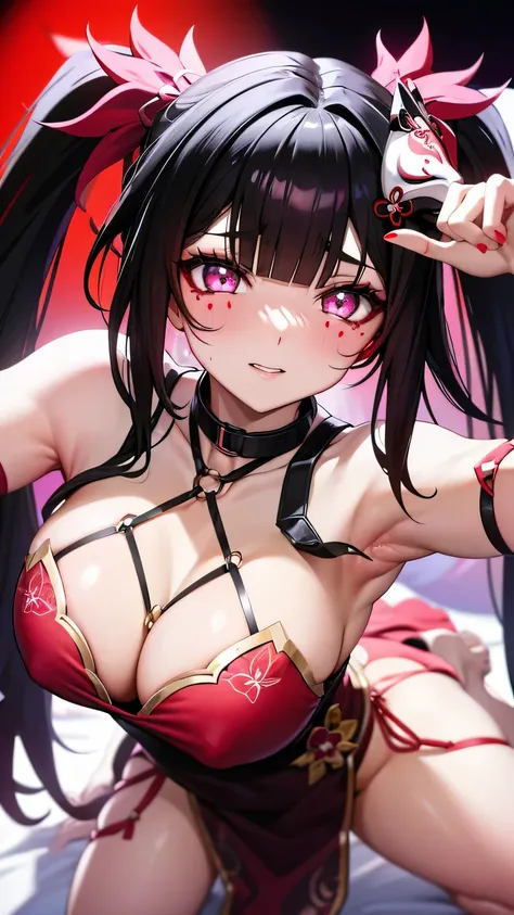 black hair, twin tails, fluorescent pink eyes with a light colored butterfly detail under her pupils, red, white-and-red Kitsune mask is at an angle on the top of her head, armpits, sweat, sexy body, detail full body, passionate gaze, cheongsam, pose like ...