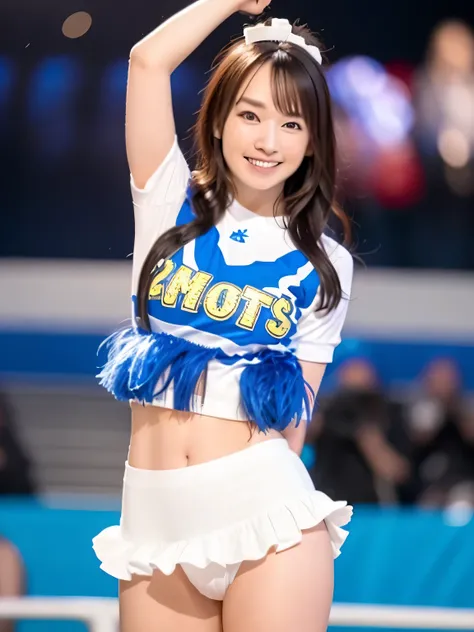 nsfw. Shes wearing a cheerleader costume with a cute design, and her miniskirt and bright bow are eye-catching. She is holding blue pompoms in both hands. The background is a soccer stadium illuminated by the night sky, and the lighting creates a dramatic ...