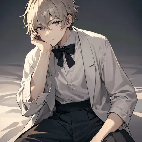 Male, Sitting down. His posture is relaxed, He rests his cheek on his right hand with a calm yet slightly amused expression. Flower crown on his head adds a soft and endearing touch, His outfit could be one of his usual formal yet slightly undone styles, w...