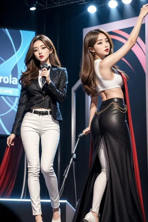 （8k，Highest quality，masterpiece，practical， super detailed：1.3），（1 girl， beautiful Korean girl ,  K-pop idol ），（Black suit jacket：1.2），（White skinny trousers：1.1），（ serious expression ：1.2）discuss，（speech，Handheld Microphone：1.2）（crowd，audience：1.3），（Sexy l...