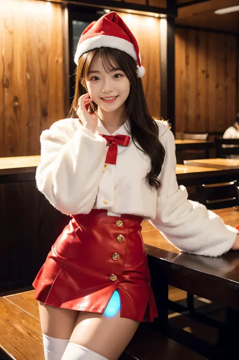  Santa with a cute face like an 18-year-old idol　 smiles gently　Whole body　(((Very cute red miniskirt Santa costume)))　((Sit at a table at a high-end yakiniku restaurant and have a meal))  ( grilling yakiniku)  live-action　live-actionと見分けが付かない高品質　High Arti...