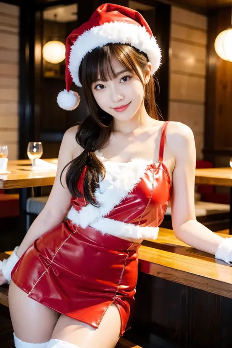  Santa with a cute face like an 18-year-old idol　 smiles gently　Whole body　(((Very cute red miniskirt Santa costume)))　((Sit at a table at a high-end yakiniku restaurant and have a meal))  ( grilling yakiniku)  live-action　live-actionと見分けが付かない高品質　High Arti...