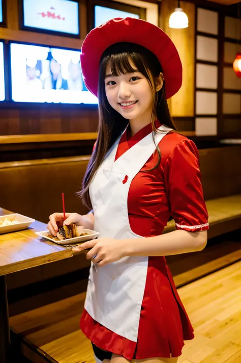  Santa with a cute face like an 18-year-old idol　 smiles gently　Whole body　(((Very cute red miniskirt Santa costume)))　((Sit at a table at a high-end yakiniku restaurant and have a meal))  ( grilling yakiniku)  live-action　live-actionと見分けが付かない高品質　High Arti...