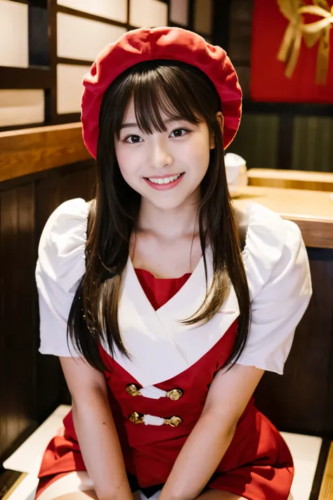  Santa with a cute face like an 18-year-old idol　 smiles gently　Whole body　(((Very cute red miniskirt Santa costume)))　((Sit at a table at a high-end yakiniku restaurant and have a meal))  ( grilling yakiniku)  live-action　live-actionと見分けが付かない高品質　High Arti...