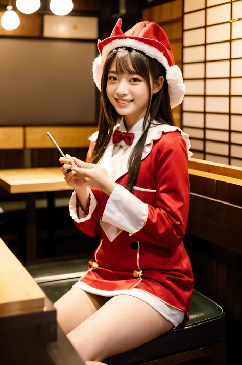  Santa with a cute face like an 18-year-old idol　 smiles gently　Whole body　(((Very cute red miniskirt Santa costume)))　((Sit at a table at a high-end yakiniku restaurant and have a meal))  ( grilling yakiniku)  live-action　live-actionと見分けが付かない高品質　High Arti...