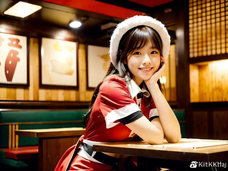  Santa with a cute face like an 18-year-old idol　 smiles gently　Whole body　(((Very cute red miniskirt Santa costume)))　((Sit at a table at a high-end yakiniku restaurant and have a meal))  ( grilling yakiniku)  live-action　live-actionと見分けが付かない高品質　High Arti...