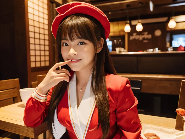  Santa with a cute face like an 18-year-old idol　 smiles gently　Whole body　(((Very cute red miniskirt Santa costume)))　((Sit at a table at a high-end yakiniku restaurant and have a meal))  ( grilling yakiniku)  live-action　live-actionと見分けが付かない高品質　High Arti...