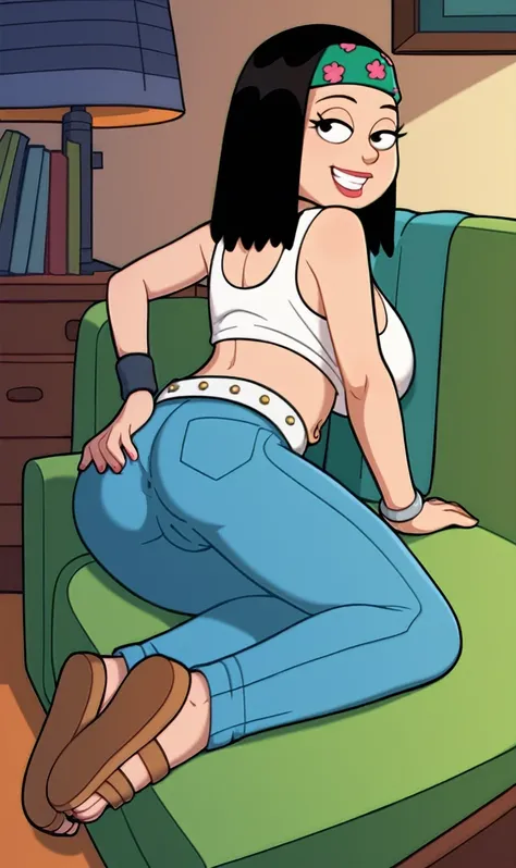 score_9_up,score_8_up,score_6,score_5,score_4, hayley, 1girl, black hair, long hair, solo, necklace, jewelry, tank top, headband, midriff, pants, sandals, belt, navel piercing, smile, full body, toon (style), sitting on sofa, living room, sexy, spread legs...