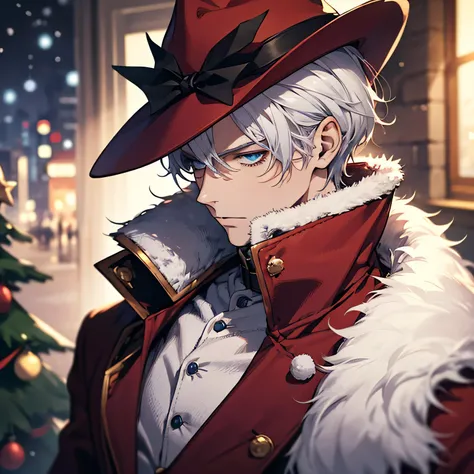 handsome anime tall man in red santa suit,white fur coat ,wear red fedora  hat, expressive hands, blue eyes and platinum hair,Quiff Hairstyles, with a Christmas in the background, neutral expression, sharp features, semi-realistic, staring into the distanc...