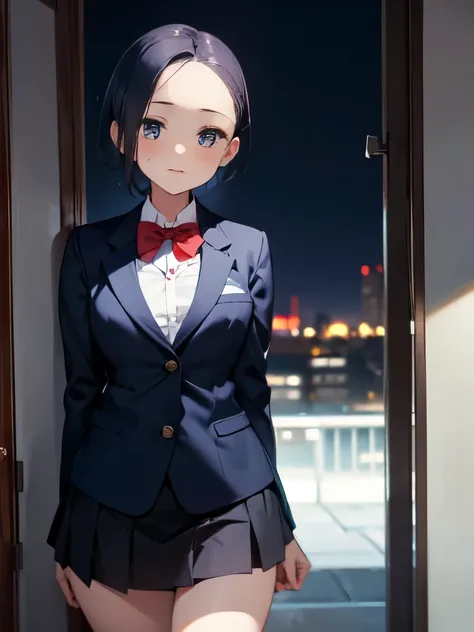 Forehead:1.5、Short Hair、hairpin、 school uniform、 navy blue blazer、 navy blue miniskirt showing the front of the body、 Red Bow Tie 、 medium breasts、Hotel at night:1.5、 cowboy shot