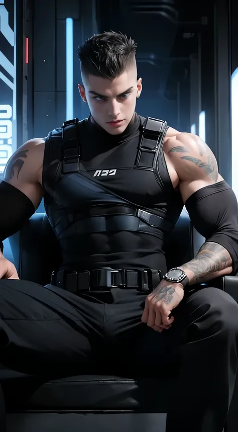 Young white man soldier cyberpunk , ************, Short mohawk haircut, black hair, intense blue eyes, intense gaze, affiliated features, no facial hair, height 1.90, weight 96 kg, muscular aesthetic build, broad shoulders, V-shaped body, half tattoos in A...