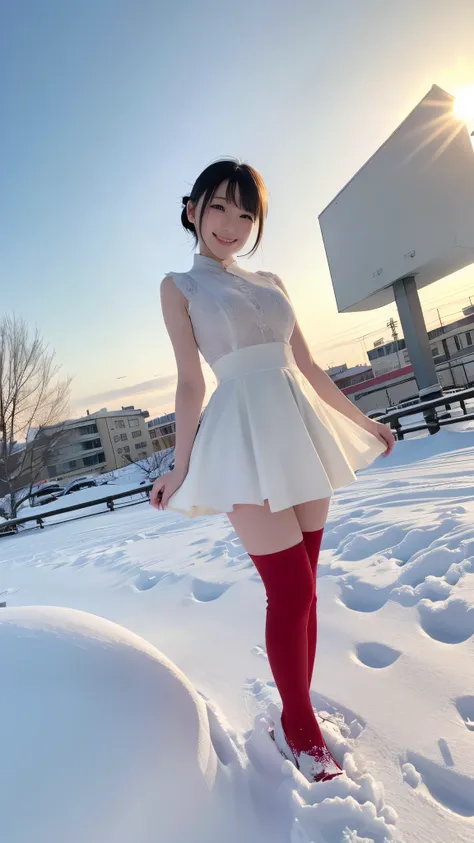 masterpiece， top quality，  high image quality，(  super flat  ，  flat shading )，  fisheye lens，  Beautiful petite young Japanese girl standing on the roof of a multi-tenant building、 Santa cosplay 、 red costume 、 short hair ,  Big Breasts , smile, smile,  W...