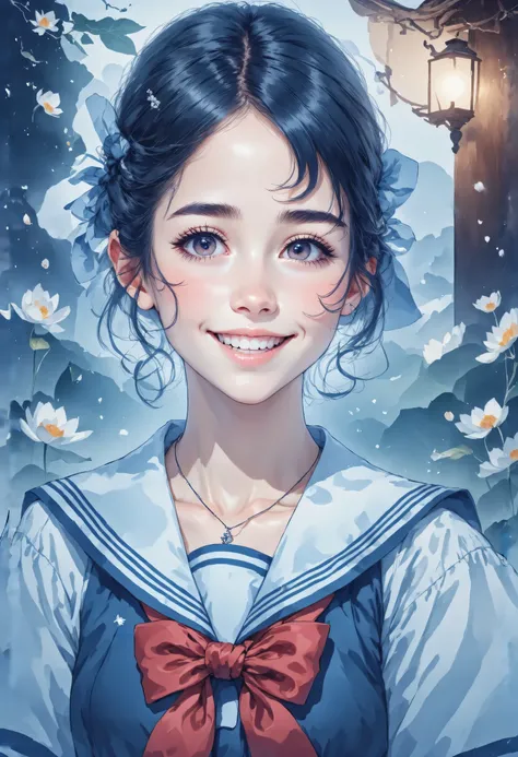 Haz tu interpretación de esta imagen 

/imagine prompt: A young woman in a traditional sailor uniform (“serā fuku”) captured in a close-up portrait. The outfit includes a crisp white blouse with a sailor collar featuring decorative white lines, a vibrant r...