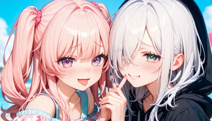 2girls,  girls who love each other [[[((  girls with protruding ribs : 1.4), ( flat chest: 1.3), ( slender body: 1.3), , Thick Eyes , White Hair,  half twin, hair over one eye,  tousled hair,  pastel clothes , ((Big clothes)), shy,  , (( hooded long-sleeve...