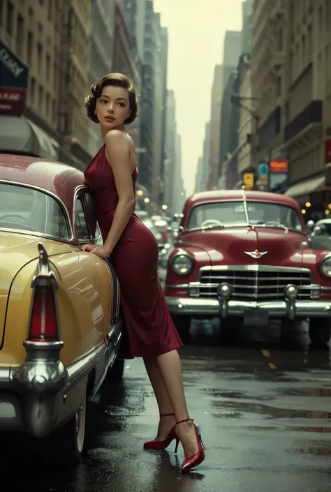 (( a scene from a 1950s movie、Faded color photograph、 depict realistically accurately with all detailed details))、( 1950s New York boulevards 、Wet road surface、Cadillac、Leaning back on cars、1950s Fashion、tall young beautiful woman、Cars from the 1950s、eveni...