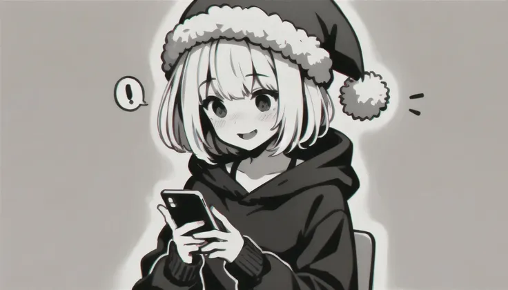 (((best quality)), ((ultra detailed)), ((masterpiece)), illustration, (simple background), 1girl, solo, ((close up)), (detailed face), a girl, with white hair, short hair, in black hoodie, with a santa hat, unfazed face, smiling, caught, embarrassed, looki...