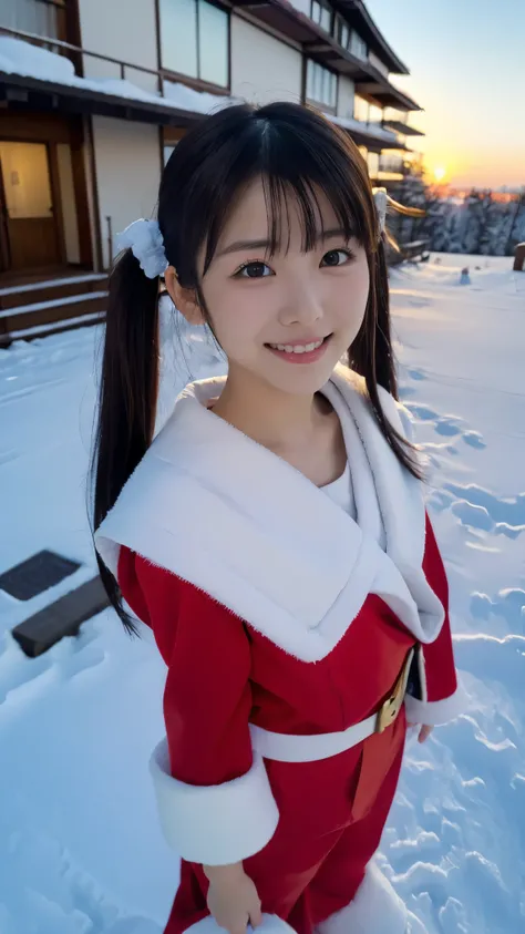 masterpiece， top quality，  high image quality，(  super flat  ，  flat shading )，  fisheye lens，  Beautiful petite young Japanese girl standing on the roof of a multi-tenant building、 Santa cosplay 、 red costume 、 twin tails, Moderate bust、smile,  White Brea...