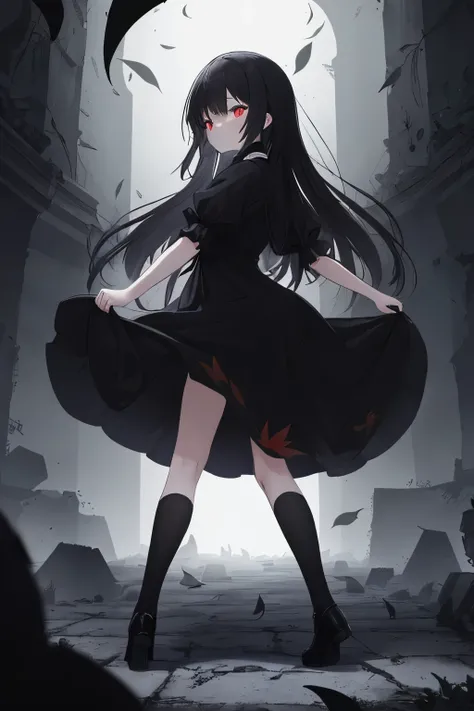  One girl ,Black Hair, long hair, red eyes,dress with black leaves, wearing a black dress, wears a dark atmosphere,dark atmosphere ,こちらを見て is staring, is staring,I have a dark personality ,Mysterious,Black leaf ,Black leaves dancing , Black leaves dancing ...