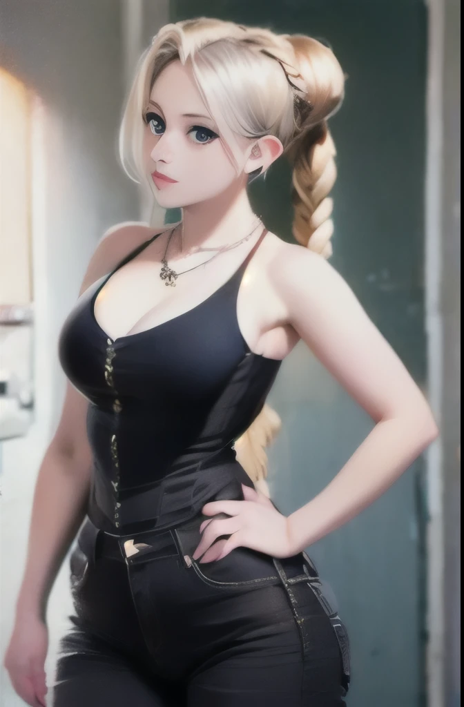 ((ultra quality)), ((tmasterpiece)), gnome girl, Short stature, ((blonde woman, hairlong, braided)), (silver ear rings), (silver necklace around the neck), (Beautiful cute face), (beautiful female lips), Charming, ((sexy facial expression)), is looking at ...