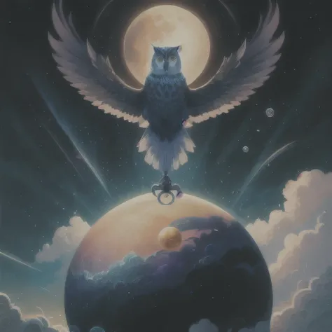 an owl flying over a moon with swirling clouds and bubbles, hyper - detailed visionary art, highly detailed visionary art, beeple and jeremiah ketner, intricate fantasy painting, hyper detailed visionary art, dan mumford and alex grey style, by Tomek Setow...