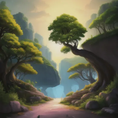 a painting of a rocky island with trees on top of it, a digital painting inspired by Cyril Rolando, polycount contest winner, fantasy art, 4k detailed digital art, 4k highly detailed digital art, scenery art detailed, background art, detailed trees and cli...