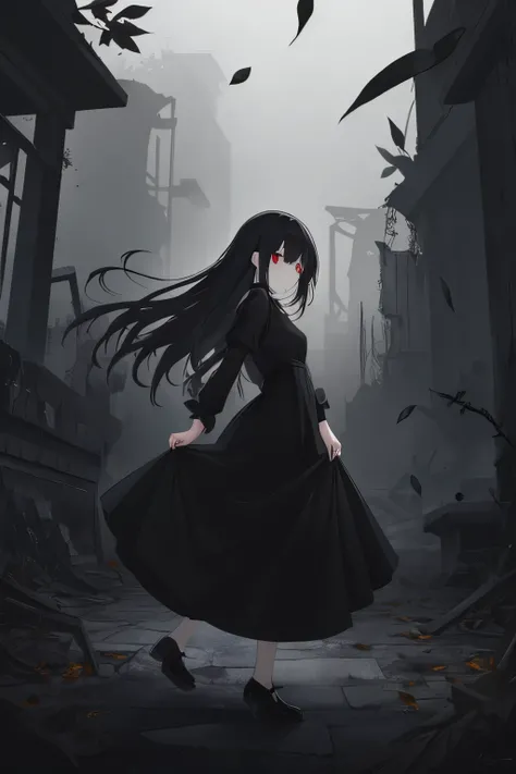  One girl ,Black Hair, long hair, red eyes,dress with black leaves, wearing a black dress, wears a dark atmosphere,dark atmosphere ,こちらを見て is staring, is staring,I have a dark personality ,Mysterious,Black leaf ,Black leaves dancing , Black leaves dancing ...