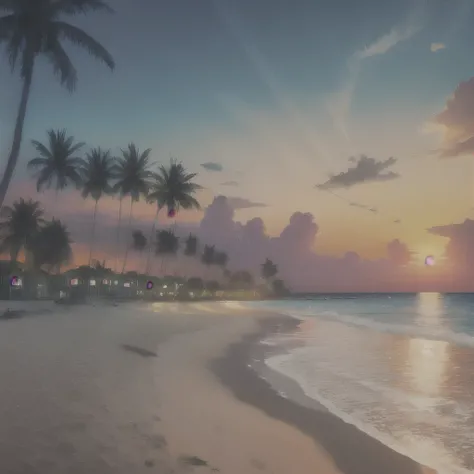 arafed view of a beach with palm trees and a sunset, a digital rendering by Lubin Baugin, unsplash, conceptual art, palm trees, with palm trees in the back, palm trees in the background, palmtrees, palm trees james gurney, palms, tropical palms, tropical t...