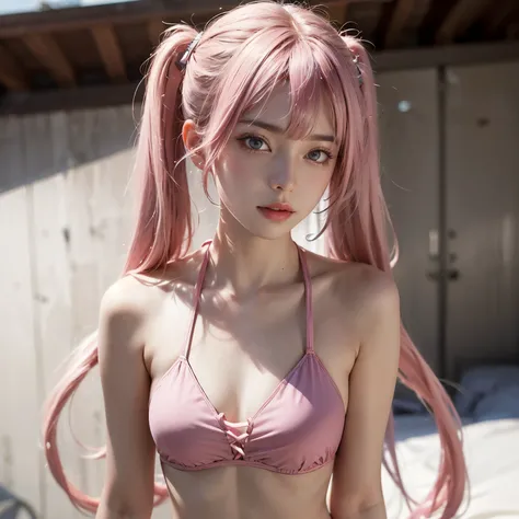 masterpiece, best quality, ultra-detailed,hyperrealistic,shiny skin,1girl,(swept bangs),,hair intakes,,pink hair,long hair,straight hair,sidelocks,sideburns,twintail,dark pink eyes,medium breasts,,(upperbody,pink bikini)+,