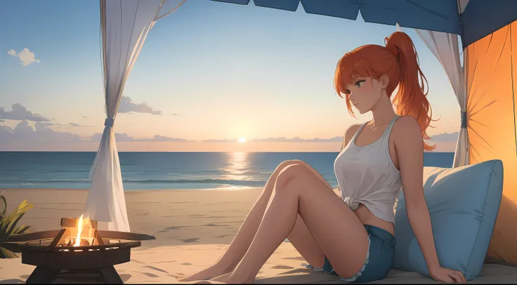 "A serene beach camping scene set against the backdrop of soft, white sand and a sparkling blue ocean. Gentle waves lap at the shore, their rhythmic motion harmonizing with the tranquil atmosphere. A young woman with blonde-red hair tied in a sleek ponytai...