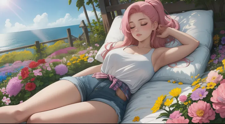 "A wide-angle, top-down view of a woman peacefully sleeping in the middle of a vast and vibrant flower garden. She is surrounded by an ocean of colorful blossoms—pinks, purples, yellows, and whites—that stretch out in every direction, creating a breathtaki...