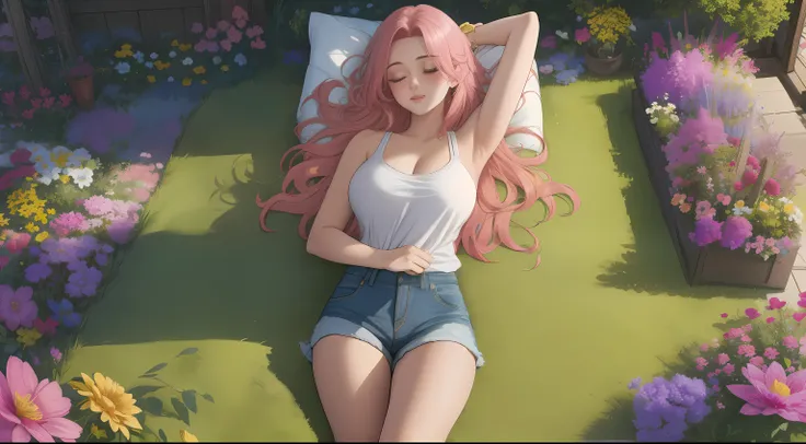 "A wide-angle, top-down view of a woman peacefully sleeping in the middle of a vast and vibrant flower garden. She is surrounded by an ocean of colorful blossoms—pinks, purples, yellows, and whites—that stretch out in every direction, creating a breathtaki...