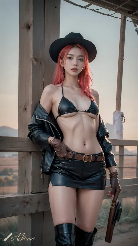 Beautiful Asian woman, black leather cowboy costume , sunset farmland, shotgun in left hand