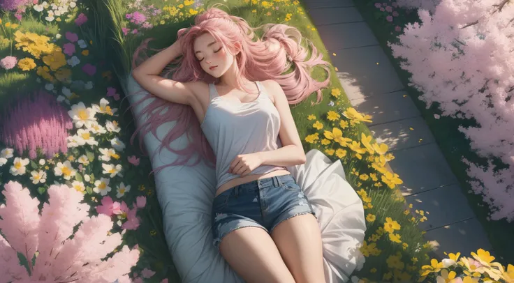 "A wide-angle, top-down view of a woman peacefully sleeping in the middle of a vast and vibrant flower garden. She is surrounded by an ocean of colorful blossoms—pinks, purples, yellows, and whites—that stretch out in every direction, creating a breathtaki...