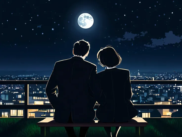 Back view of a mature couple drinking alcohol and watching the slightly chipped moon on the 17th day。 the moon is shining in a completely dark night sky。The couple are far away 。The couple is wearing a long-sleeved formal。The couple are sitting next to eac...