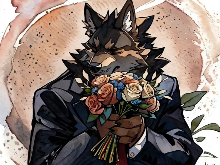 Werewolf，Watercolor style，Holding a bouquet of light-colored flowers， simple lines，Simple colors ，furry， Werewolf Orb ， black fur，Remove text，tie，Close your eyes，whole body