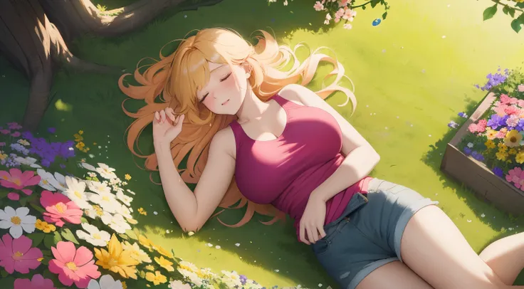 "A magical top-down view of a woman big breast with blonde red hair peacefully sleeping in the midst of a vibrant flower garden. She lies on a lush bed of colorful blossoms—pinks, purples, yellows, and whites—sprawling in a breathtaking, harmonious pattern...