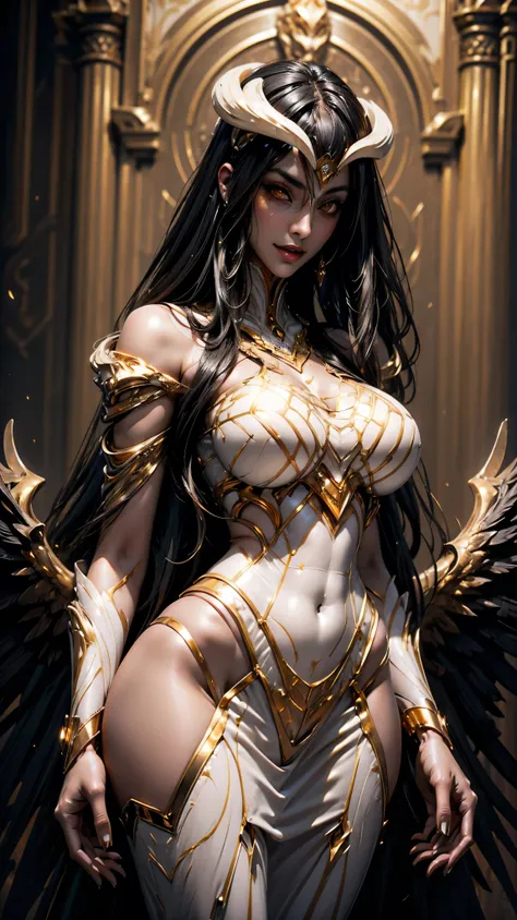 A (super realistic) beautiful sexy woman(albedo _overlord) with (glossy orange eyes) and white attire(detailed with perfect sharpness ) with gold jewellery on sexy breast, beautiful  breast(perfect shape and size), black long beautiful hair, hyper detailed...