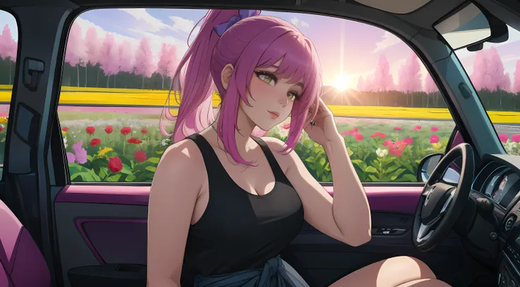 "A candid shot from outside a car, captured through the open side window as a woman drives through a stunning flower garden. Her dark green ombre hair is tied up in a sleek ponytail with soft bangs framing her face, giving her a natural, effortless look. S...
