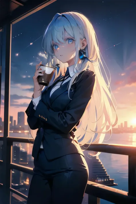 (masterpiece), (best quality), ultra detailed, finely detailed color, cenematic painting, bishoujo, ((one lady)), teenager, cute face, white hair, absurdly long hair, straight hair, ((deep blue eyes:1.5)), (drinking coffee:1.4), ((business suit:1.5)), blac...