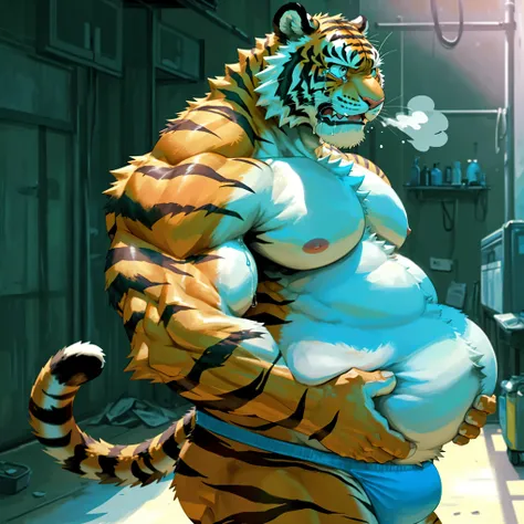 male tiger、Belly Holding Pose 、Slum Background、 blue bikini、 composition from an oblique side、Completely naked、Huge pectoral muscles、Obese lower abdomen、A distressed expression、 clench your teeth、 facing up、 Very Slender Body、 White Breath、Lots of saliva、T...