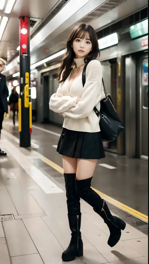 full body shot、( no one:1.4、 Station Home :1.4)、Outdoor、masterpiece、 top quality 、 high res、 realistic 、( no one暗い地下鉄の Station Home にて)、(地下鉄の駅のプラットホームで男性から逃げる黒いニーハイブーツと黒いミニスカートと white sweaterを着た女性)、(A frightened 18-year-old beautiful girl)、(Beautiful woma...