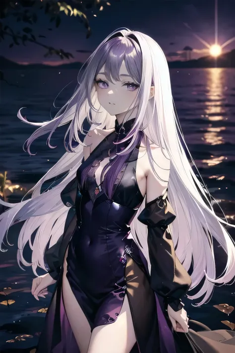 (masterpiece), (best quality), ultra detailed, finely detailed color, cenematic painting, bishoujo, ((one lady)), teenager, cute face, ((white hair)), absurdly long hair, straight hair, ((dark violet eyes:1.5)), (evening dress), black dress, sleeveless, ((...