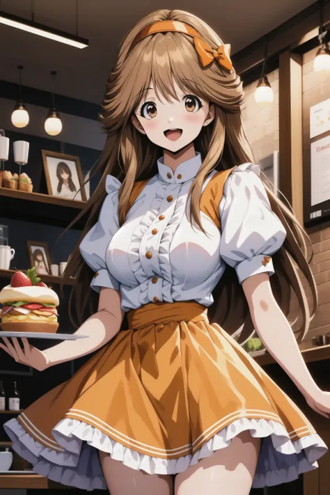 1girl, cowboy shot, smile, open mouth, restrained, cafe, from below, large breasts, 
kawai_iyona, brown eyes, brown hair, long hair,hairband, hair bow, waitress, white shirt, short sleeves, puffy sleeves, orange skirt, frills, best quality, masterpiece, hi...
