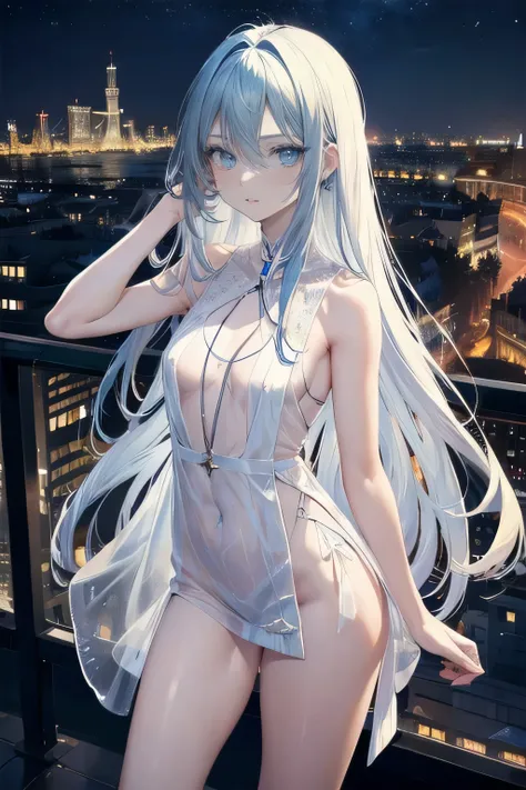 (masterpiece), (best quality), ultra detailed, finely detailed color, cenematic painting, bishoujo, ((one lady)), teenager, cute face, white hair, absurdly long hair, straight hair, ((deep blue eyes:1.5)), holding glass, party dress, skiny clothes, sleevel...