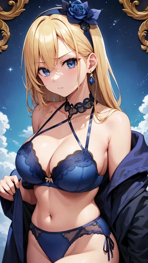 masterpiece ,  top quality 、  top quality ,(8k resolution),Beauty、(  looks like an adult), （  sexy perfect style ）、(  very big breasts:1.3 )、( medium blond hair、Inner Roll)、( dark blue lace underwear、dark blue lace bra )、 large cleavage、(( Bring your chest...