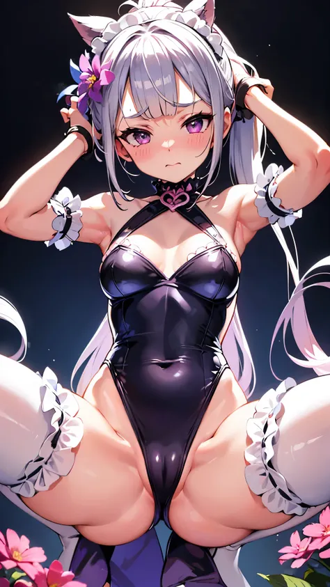 nsfw, (perfect anatomy, balanced proportions, extremely cute illustration:1.1), poolside, silver hair, pirple eyes, wavy long hair, ponytail, hairstyle with the bangs cut in half, arms behind head, armpits, on stage, spread legs, pantyhose, (embarrassed), ...