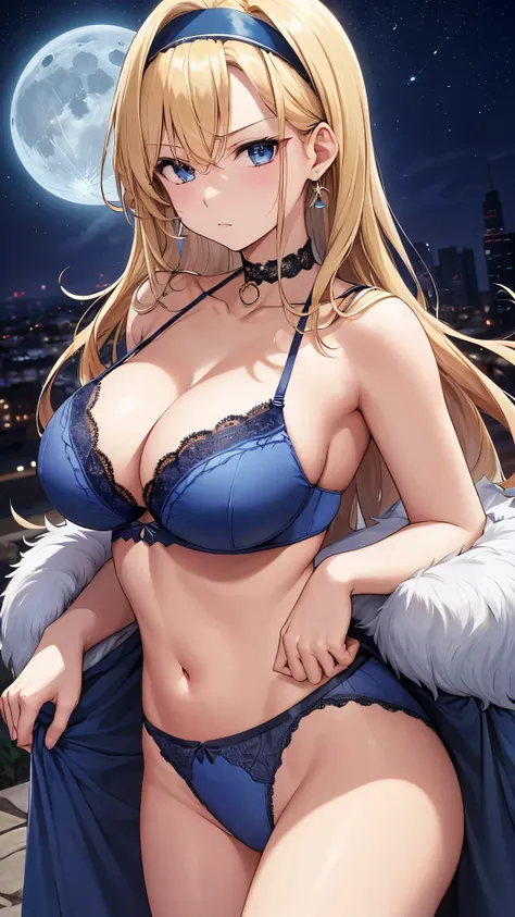 masterpiece ,  top quality 、  top quality ,(8k resolution),Beauty、(  looks like an adult), （  sexy perfect style ）、(  very big breasts:1.3 )、( medium blond hair、Inner Roll)、( dark blue lace underwear、dark blue lace bra )、 large cleavage、(( Bring your chest...