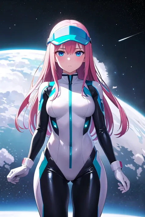 1girl,Samus aran,solo,blue eyes, pink hair, forehead hair, Colorful bodysuit, gradient rainbow colors, sleek and form-fitting, white helmet with a clear visor, white gloves and boots, short and sleek hairstyle, neutral makeup, calm and focused expression, ...