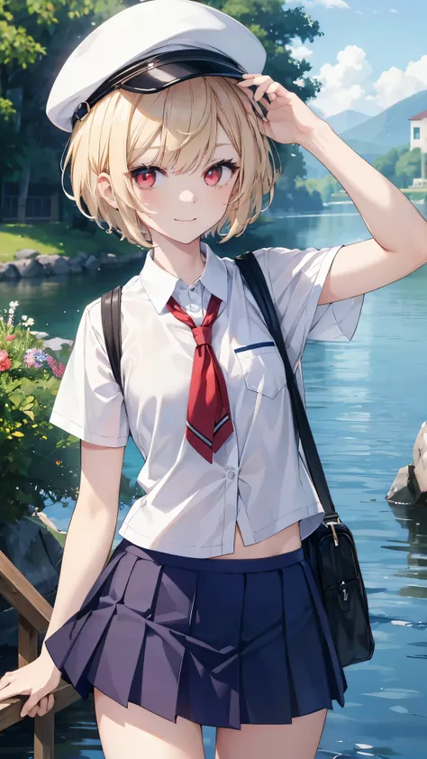  top quality , girl、Blonde、(Whitening skin), red eyes、 Very Short Hair,Short Hair,Petite, slender, school uniform, Y shirt, pleated skirt, Underpants ,lake, slender、hat,smile, boyish , splashes 